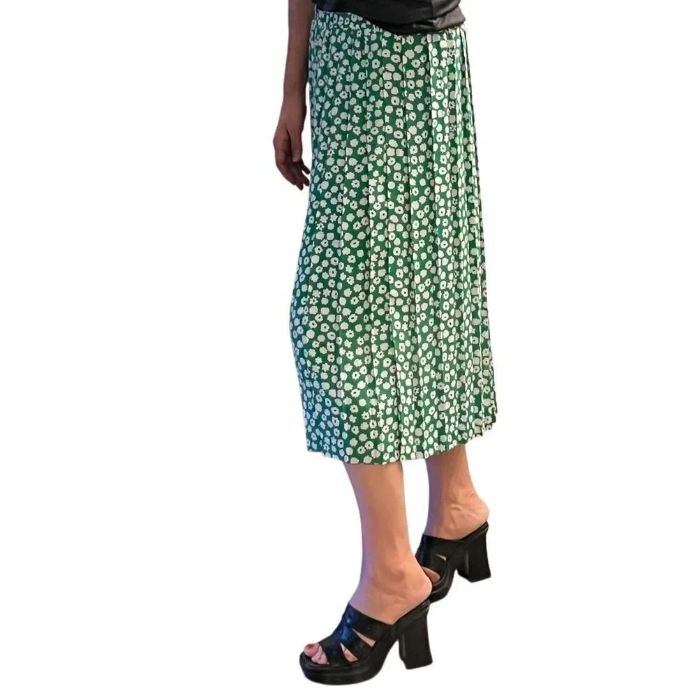 Vtg 90s Andrea Gayle Green Pleated Black White Floral Maxi Skirt 14.5” 12 M L